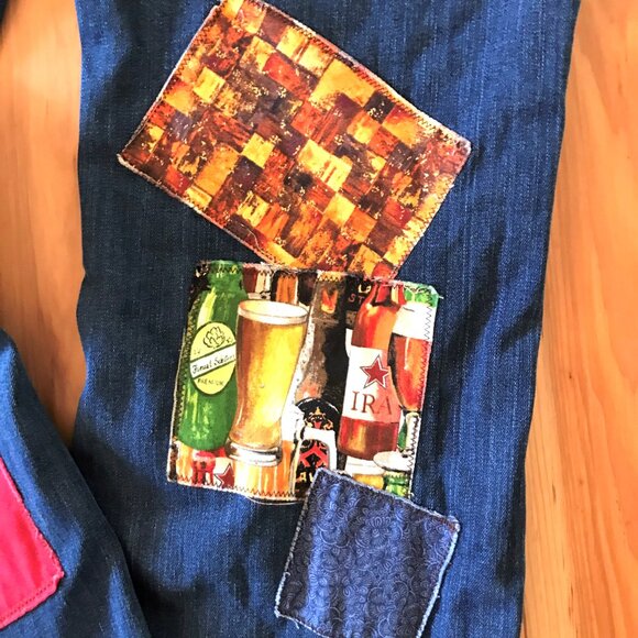 Upcycled Hippie Patchwork Jeans, Men’s Size 36/30: Handmade Bar Scene Patches - Picture 8 of 12
